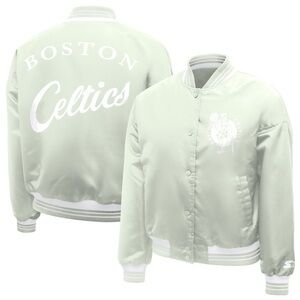 Women's Boston Celtics Starter Green Printed Script Cropped Satin Varsity Jacket